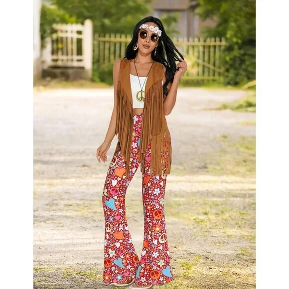 Women’s 60s 70s Disco Hippie Costume Set Fringe Vest Boho Pants Accessories - Picture 5 of 6
